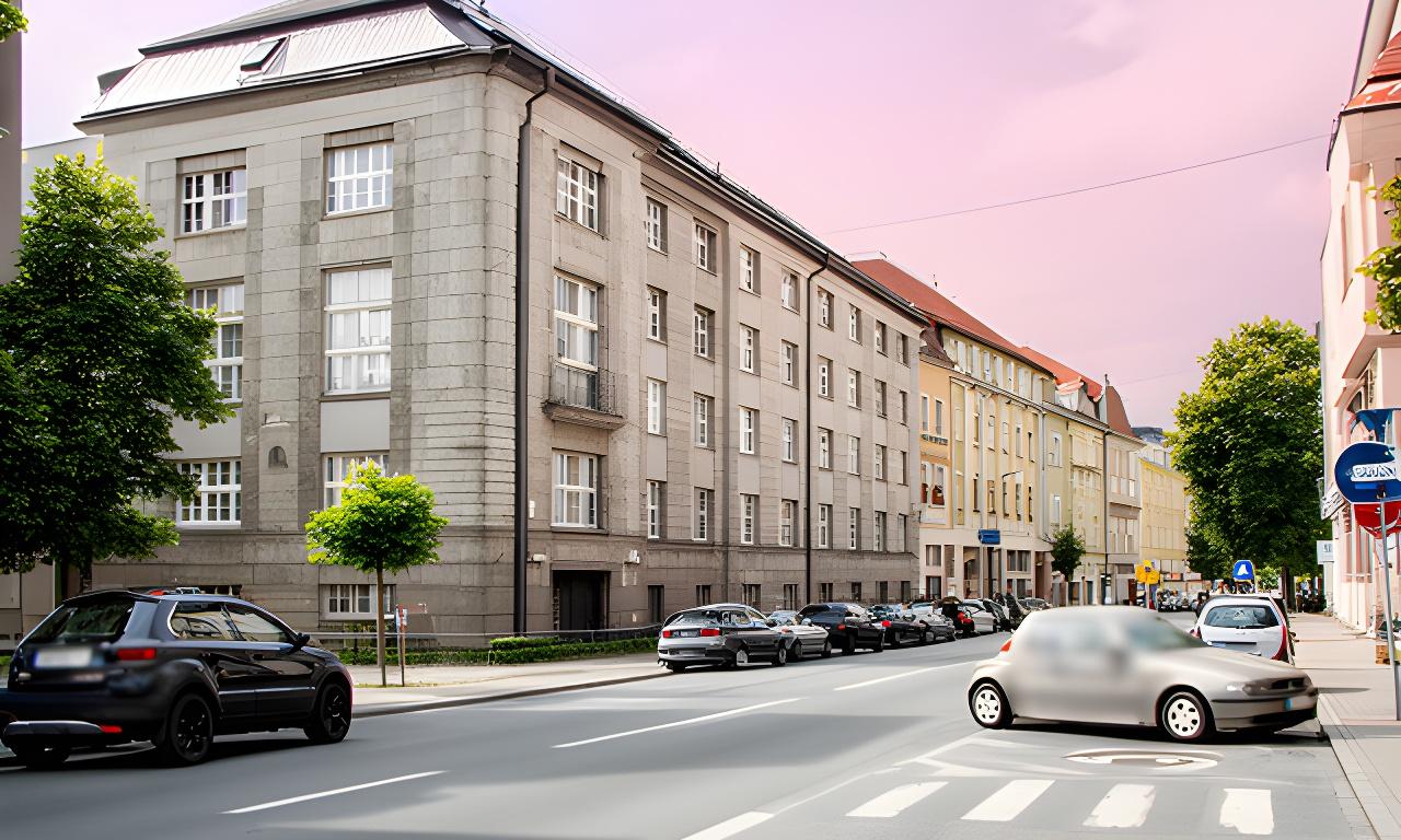 Mestská ulica v Liptovskom Mikuláši s administratívnou budovou a priestorom na zastavenie auta