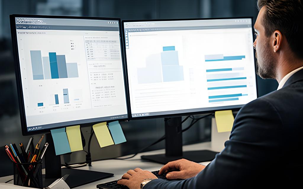 Analytik s grafmi rozpočtu pri monitoroch a poznámkach na stole